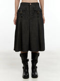 Buckle Pleated Denim Midi Skirt CL531