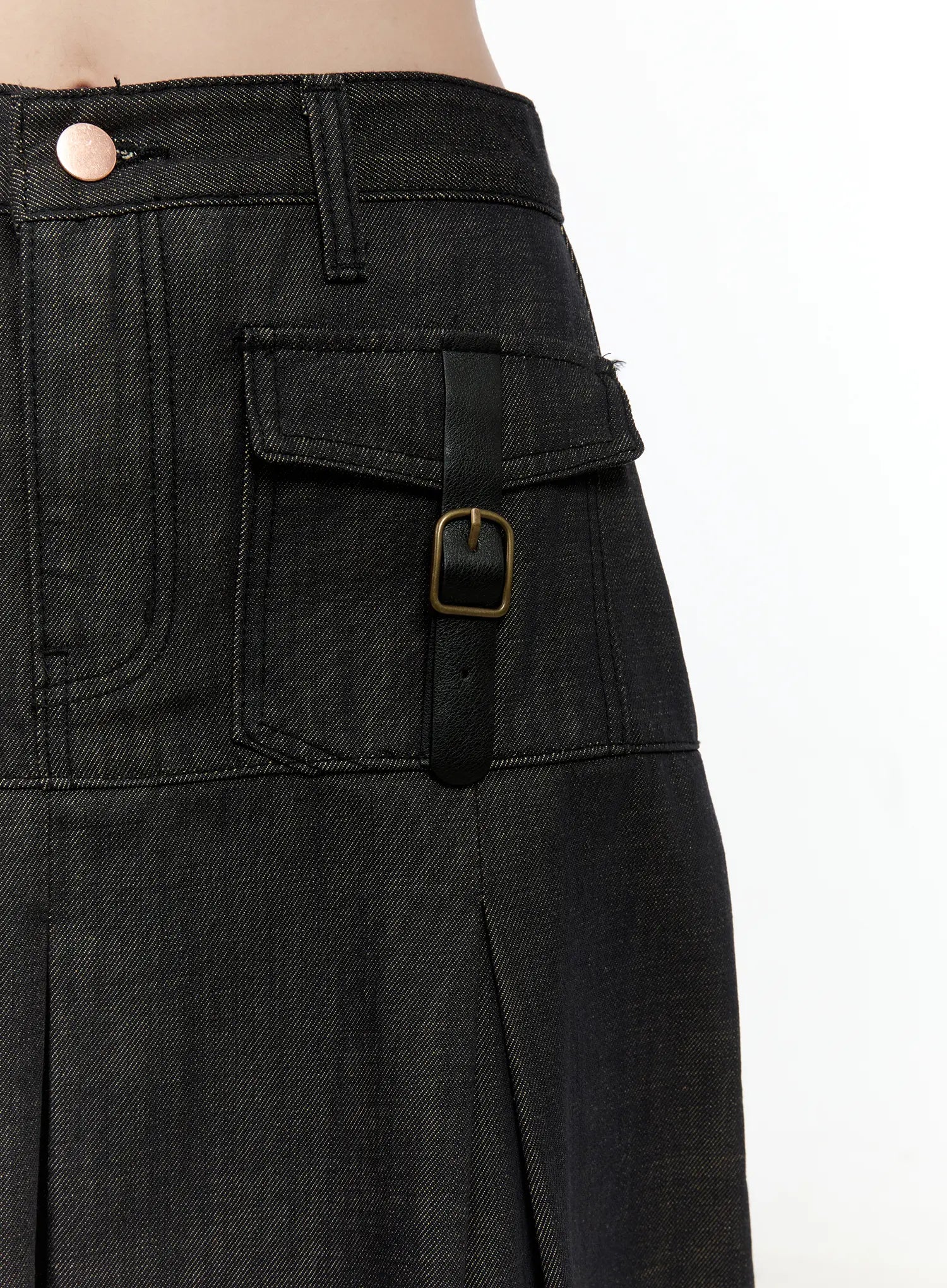 Buckle Pleated Denim Midi Skirt CL531
