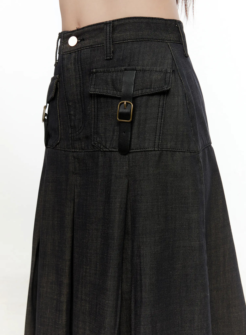 Buckle Pleated Denim Midi Skirt CL531