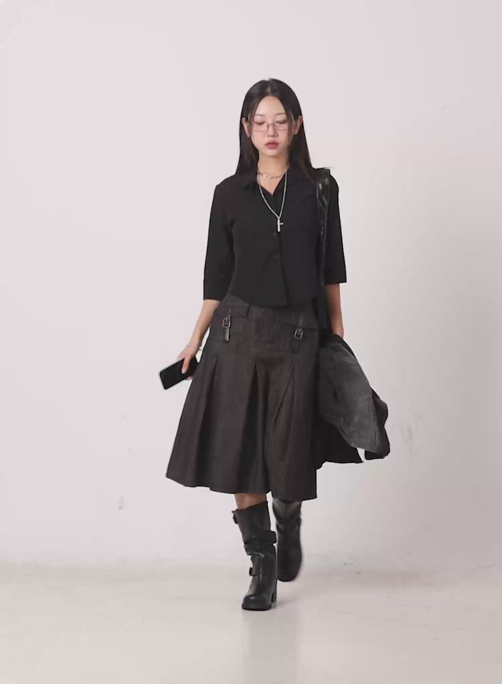 Buckle Pleated Denim Midi Skirt CL531