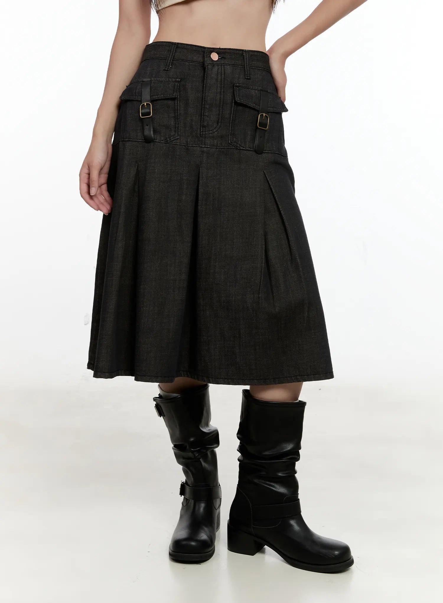 Buckle Pleated Denim Midi Skirt CL531